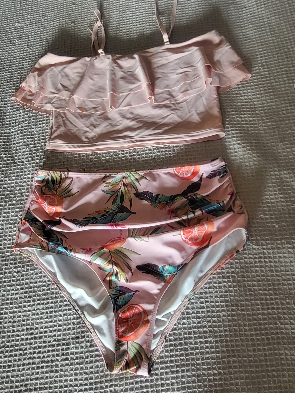 Pink Ruffled Tropical Two-Piece Swimsuit